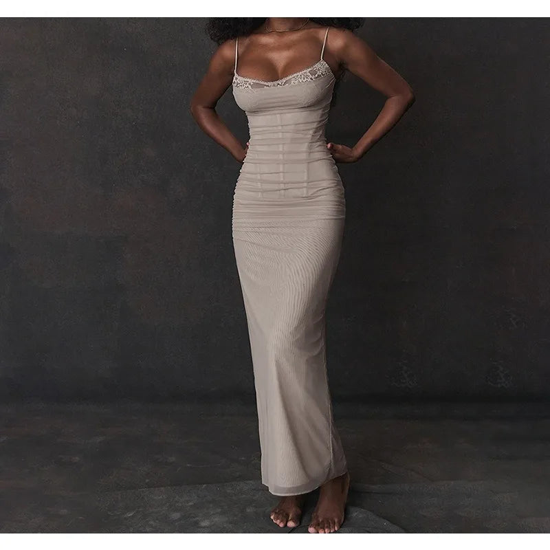 Elegant Maxi Spaghetti Strap Party Dress With Netting Waist-Hugging Fit