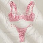 Pink Satin Lace Floral Lingerie Set