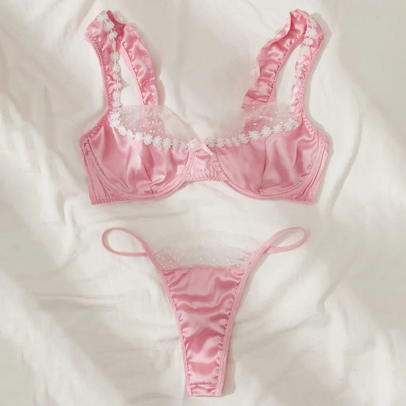 Pink Satin Lace Floral Lingerie Set