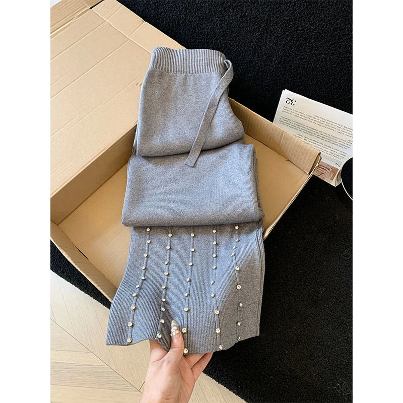 Knitted Wide Leg Pants Women Elegant Trousers