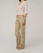 French-Style Ruffled Knit Top With Deep V-Neck Ruched Lace Tie-Up Cuff Short Waist-Exposing Silhouette
