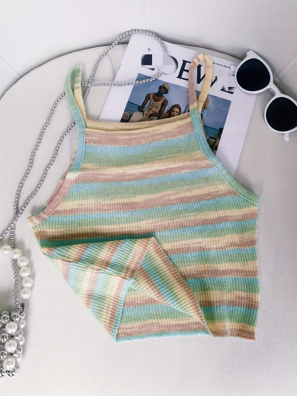 Striped Ribbed Knit Cami Top With Square Neck Sleeveless Rainbow Crop