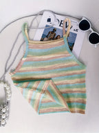 Striped Ribbed Knit Cami Top With Square Neck Sleeveless Rainbow Crop