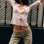 French-Style Ruffled Knit Top With Deep V-Neck Ruched Lace Tie-Up Cuff Short Waist-Exposing Silhouette