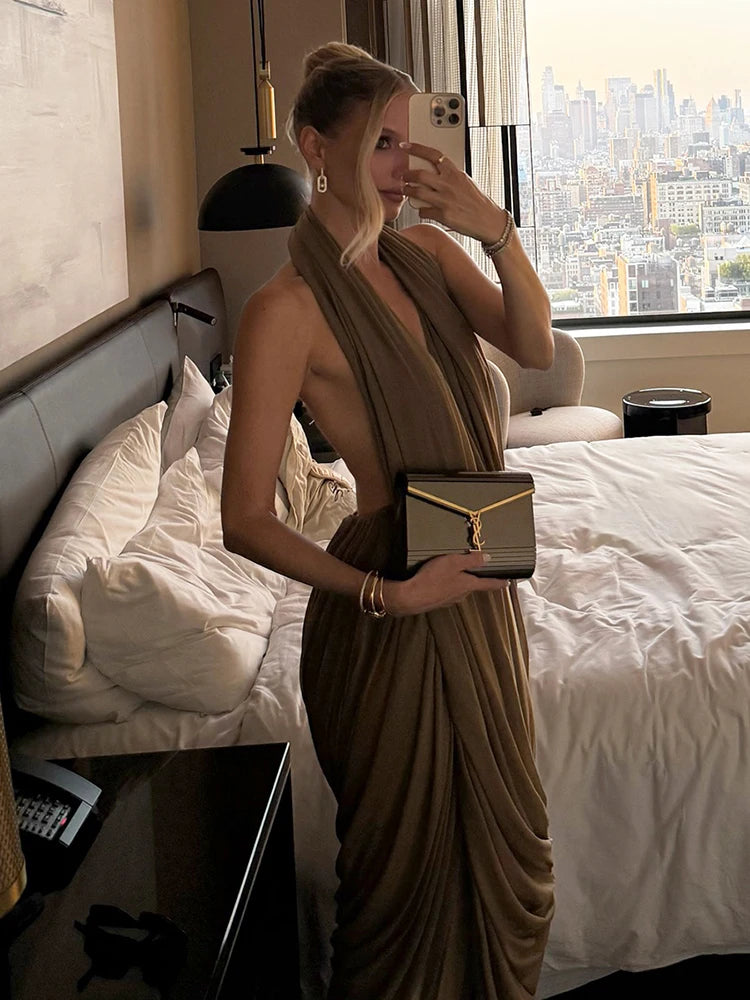 Chic Ruched Halter Bodycon Dress Backless Deep V Neck