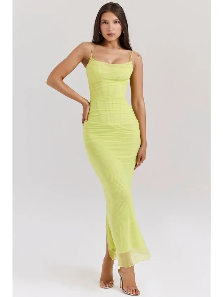 Elegant Mesh Patchwork Bodycon Dress With Spaghetti Straps And Double Layered Zipper Detail