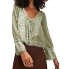 Dreamy Lace Patchwork Sheer Long Sleeve Blouse With Square Neck And Tie Front Crop Top