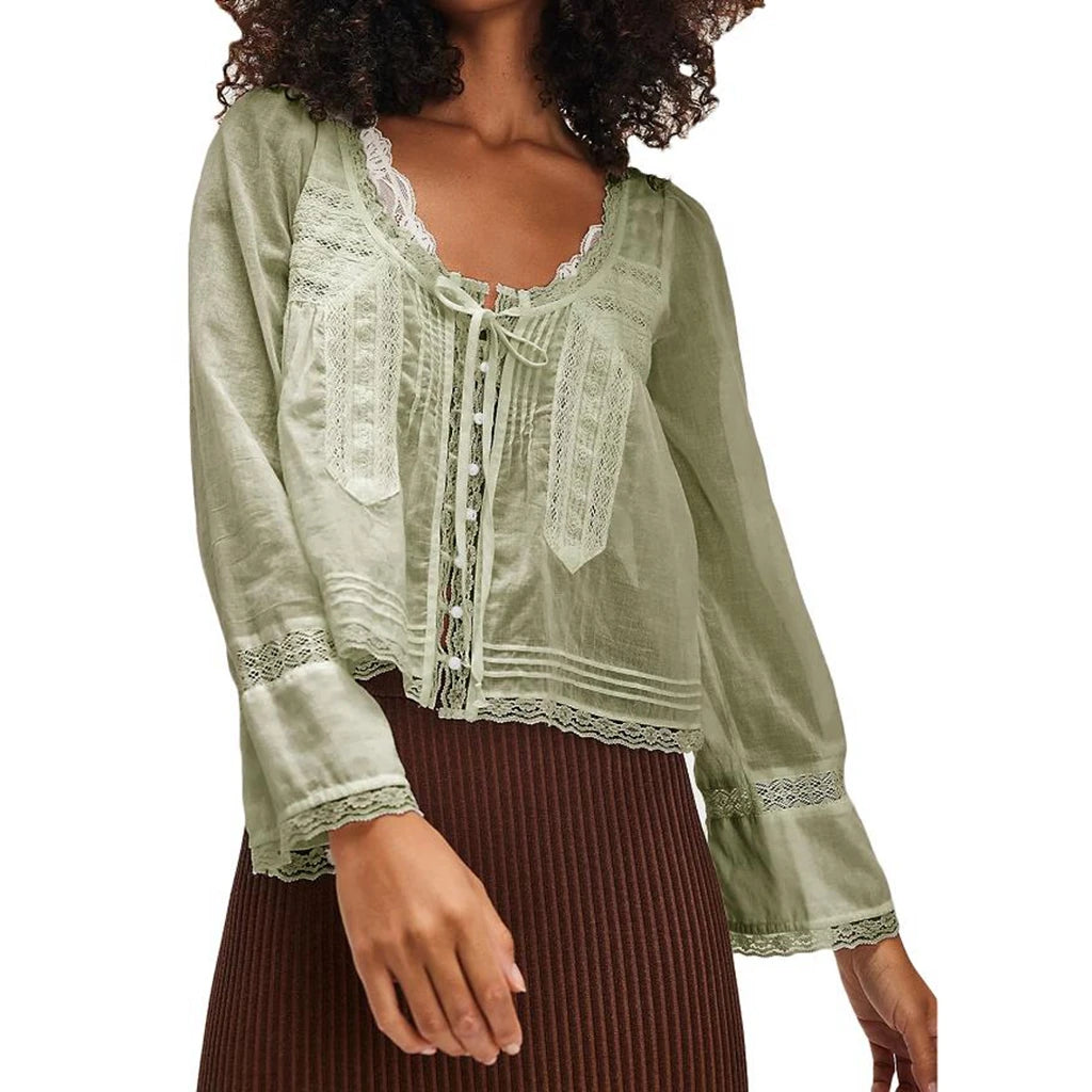 Dreamy Lace Patchwork Sheer Long Sleeve Blouse With Square Neck And Tie Front Crop Top