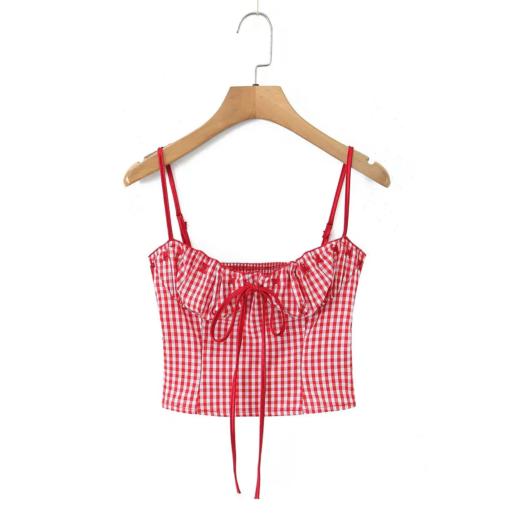 Sexy Sweet Girl Plaid Polka Dot Camis Cotton Top
