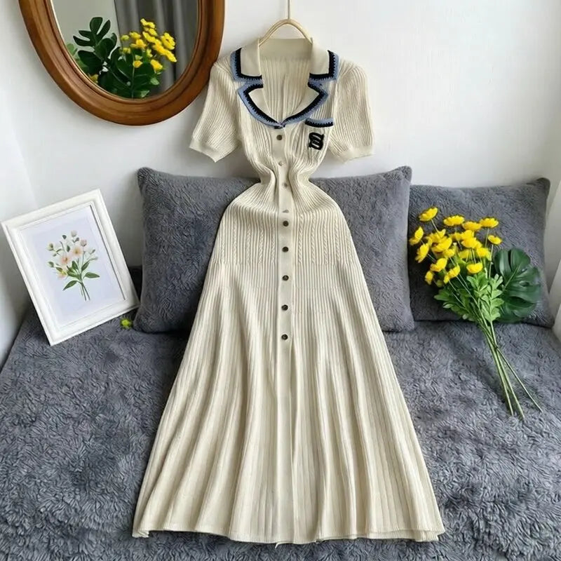 Vintage Inspired Turn Down Collar Knit Maxi Shirt Dress