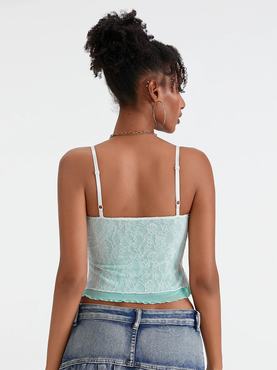 Fairycore Lace Camisole With Spaghetti Straps And Patchwork Detail Top