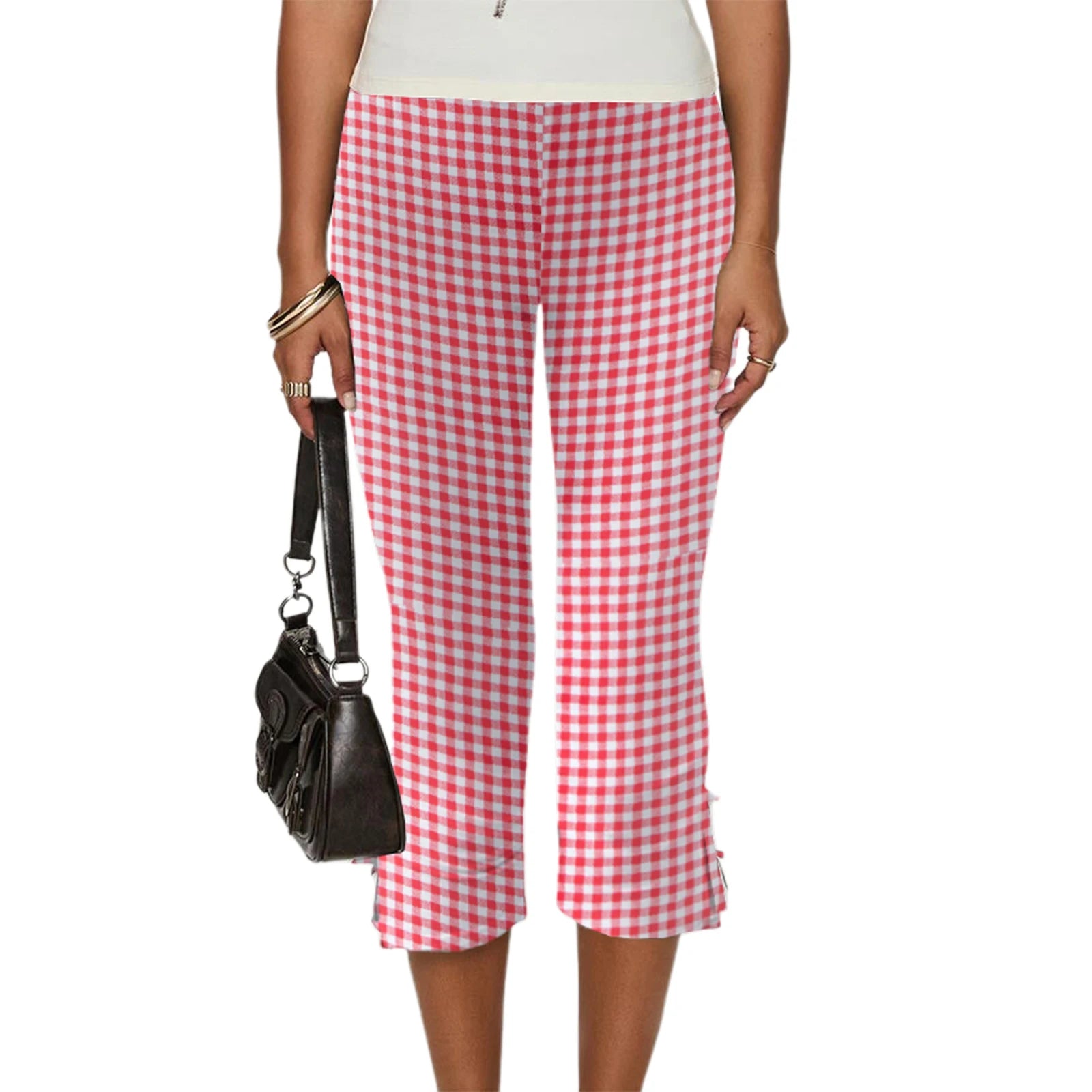 Bow Detail Cropped Capri Pants For Summer Slim Fit With Elastic Waist Solid Stretch