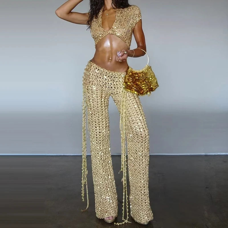 Sequined Set With Tassel Mini Skirt And V Neck Crop Top
