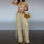 Sequined Set With Tassel Mini Skirt And V Neck Crop Top