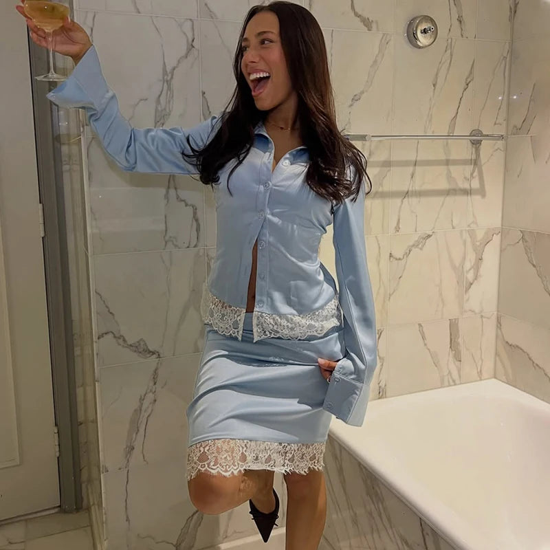Lace-Paneled Female Lapel Button Long-Sleeved Shirt Slim Skirt Suit