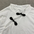 Ladies Blouse With Mandarin Collar Short Sleeve Crop Top Keyhole Frog Button Vintage Asymmetrical Design