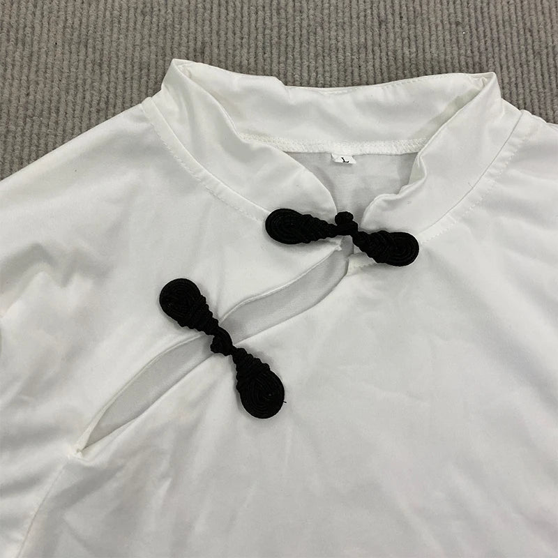 Ladies Blouse With Mandarin Collar Short Sleeve Crop Top Keyhole Frog Button Vintage Asymmetrical Design