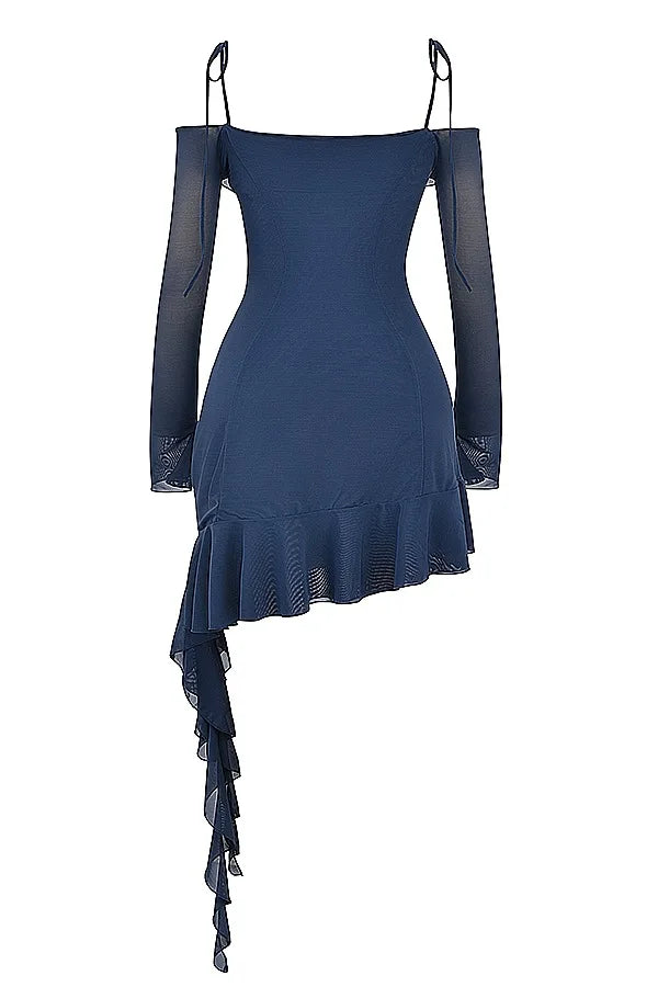 French Vintage Flounce Strap Dress with Irregular Bottom Hem Ribbon