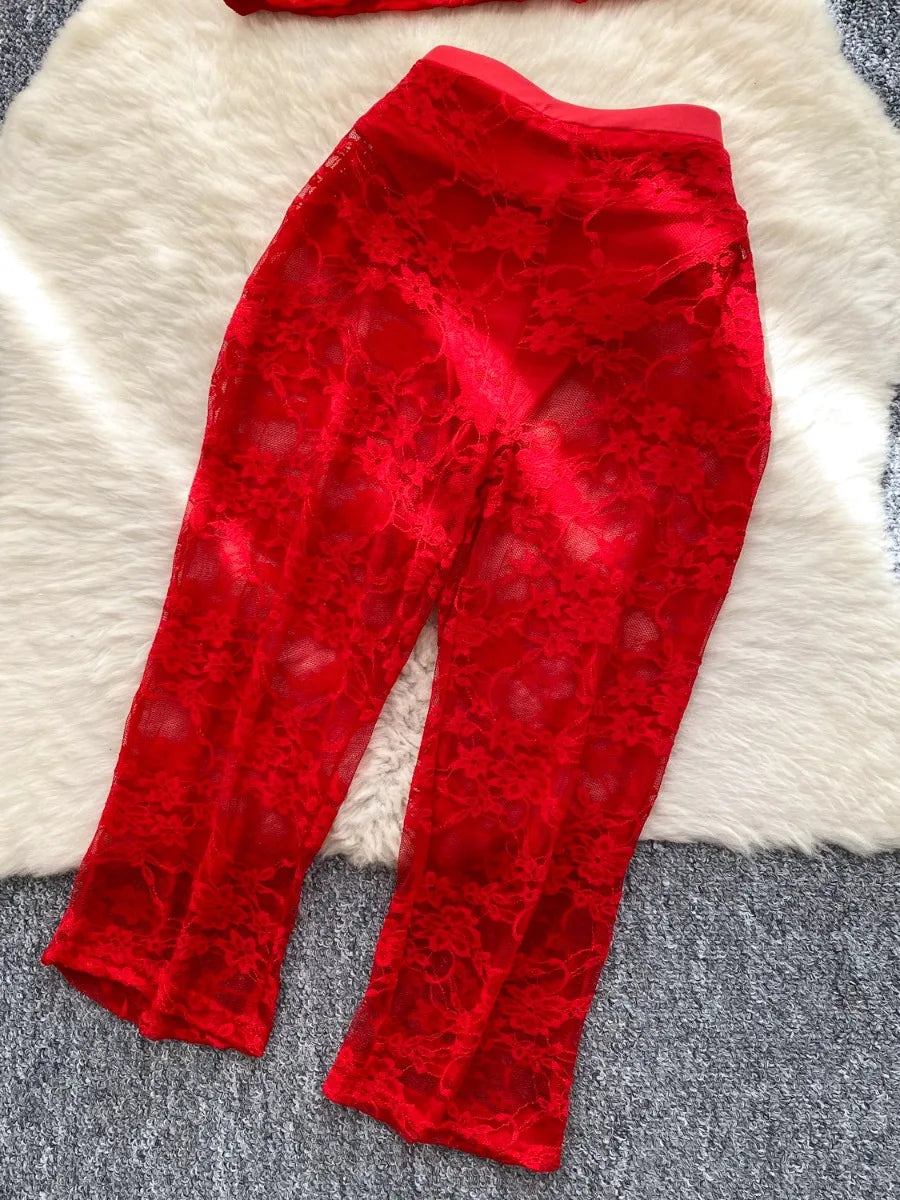 Airy Mesh Tie Up Cardigan Top And Capri Pencil Pants Set
