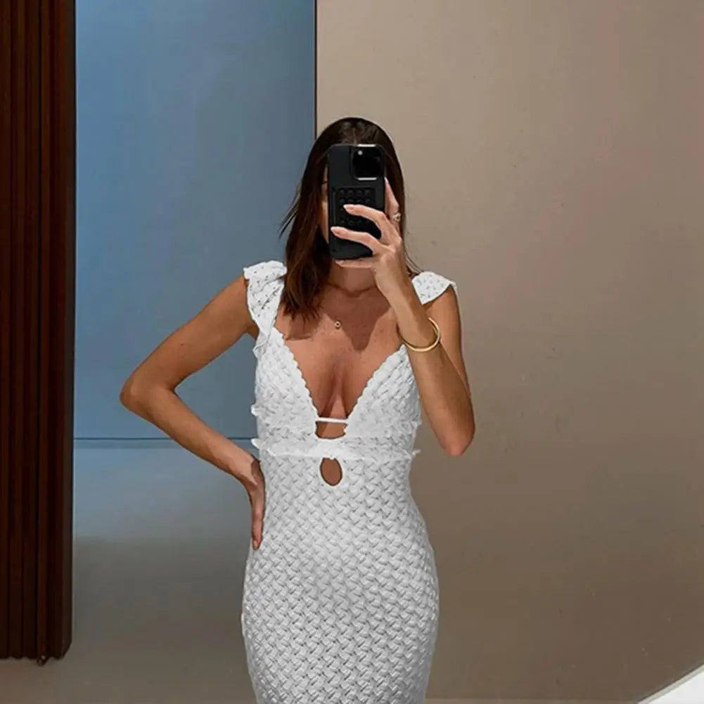 Knit Dress With Backless Hollow Out Lace Up Solid A Line Sleeveless