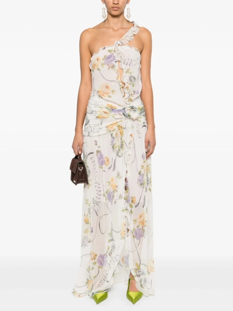 Flirty Floral Printed Off Shoulder Maxi Dress With Backless Detail And Ruffles