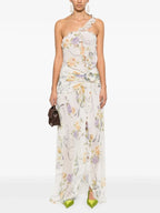 Flirty Floral Printed Off Shoulder Maxi Dress With Backless Detail And Ruffles