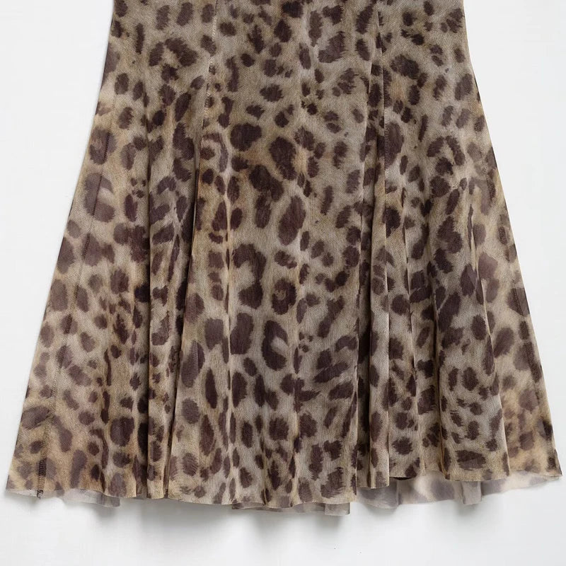 Leopard Print Tulle Slip Dress With Backless Draped