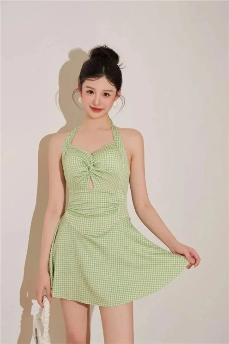 Plaid Backless Swim Dress With Halter Neck