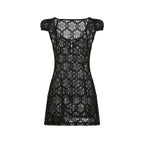 Sheer Lace Mini Dress With V Neck Short Sleeves Hollow Details