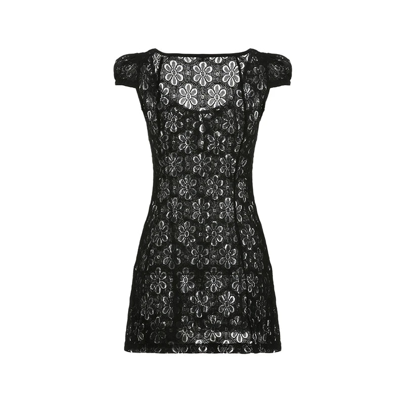 Sheer Lace Mini Dress With V Neck Short Sleeves Hollow Details
