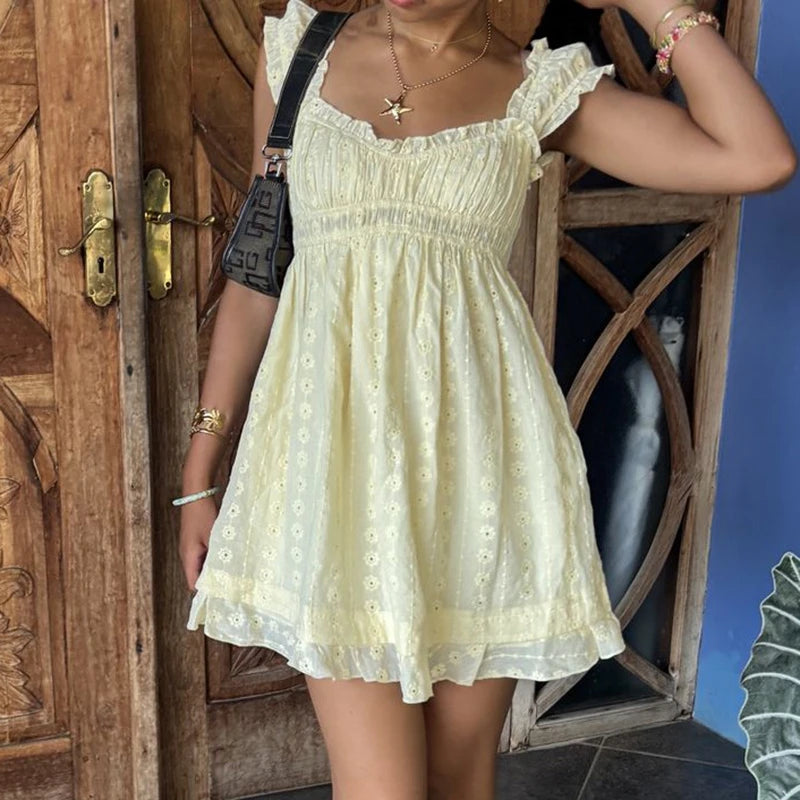 Ruffles Hem Babydoll A-line Dress Vintage Eyelet Mini Dress
