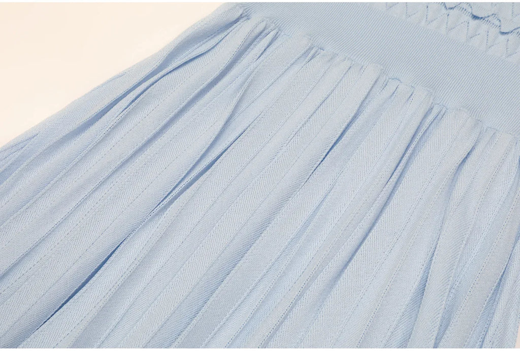 Knit Maxi Dress With Short Sleeve Hollow Detailing And Pleated Skirt