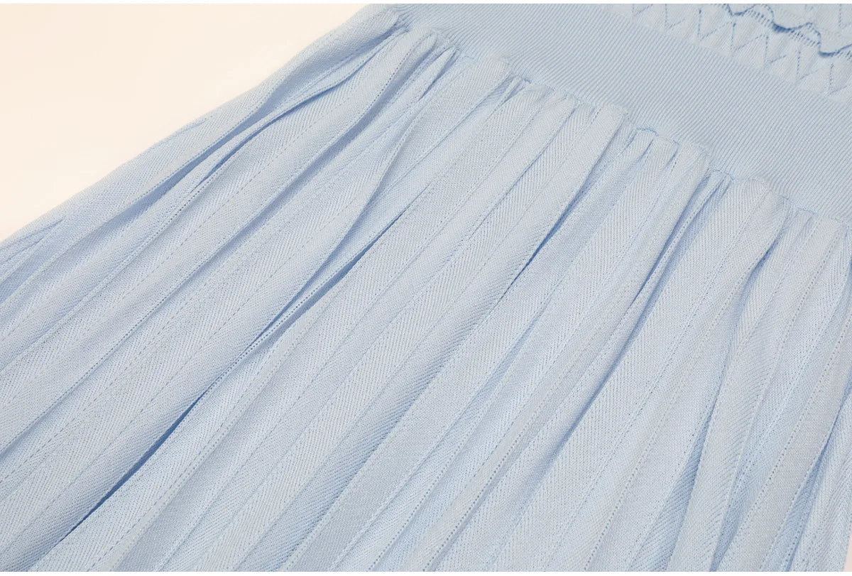 Knit Maxi Dress With Short Sleeve Hollow Detailing And Pleated Skirt
