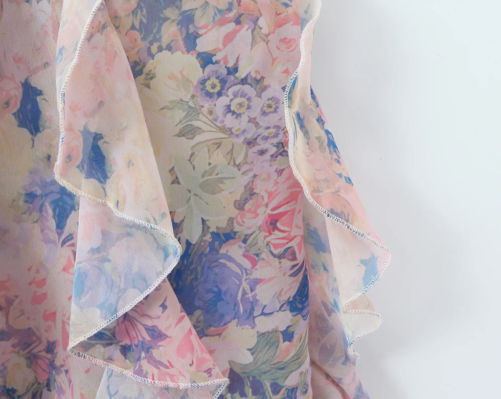 Gradient Floral Ruffles Chiffon Dress With V Neck Backless
