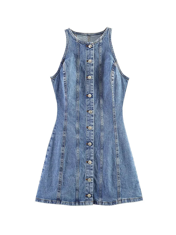 Casual Denim Mini Dress For Women Sleeveless Round Collar Single Breasted Slim Fit