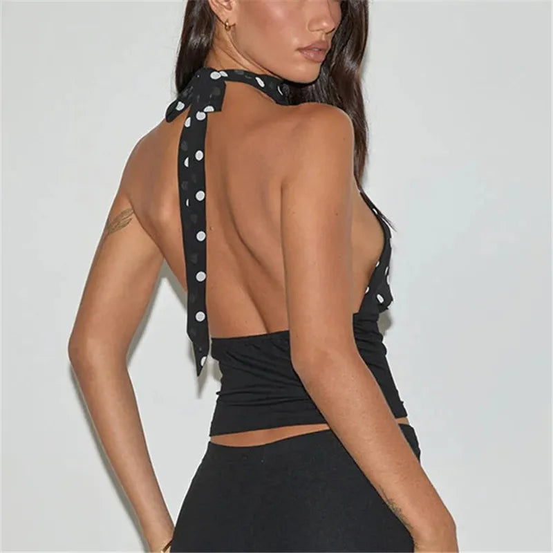 Vintage Open Back Halter Tank Top Dot Print Slim Fit Camisole
