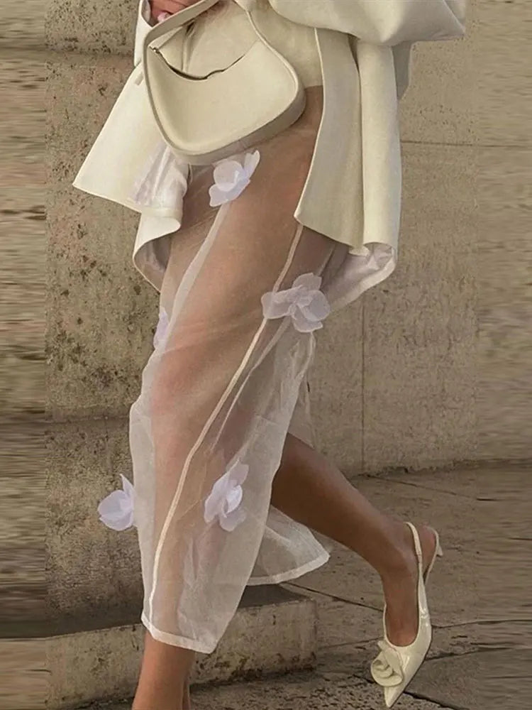 See Through Mesh Skirt With 3D Floral Embroidery High Waist Maxi