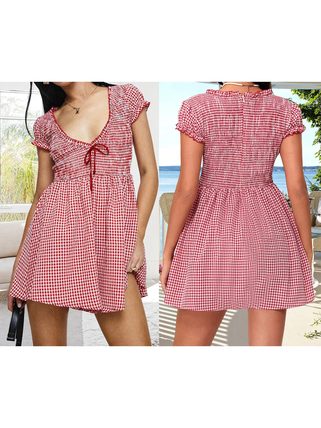 Plaid Bow Mini Dress With V Neck And Short Sleeves