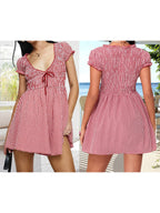 Plaid Bow Mini Dress With V Neck And Short Sleeves