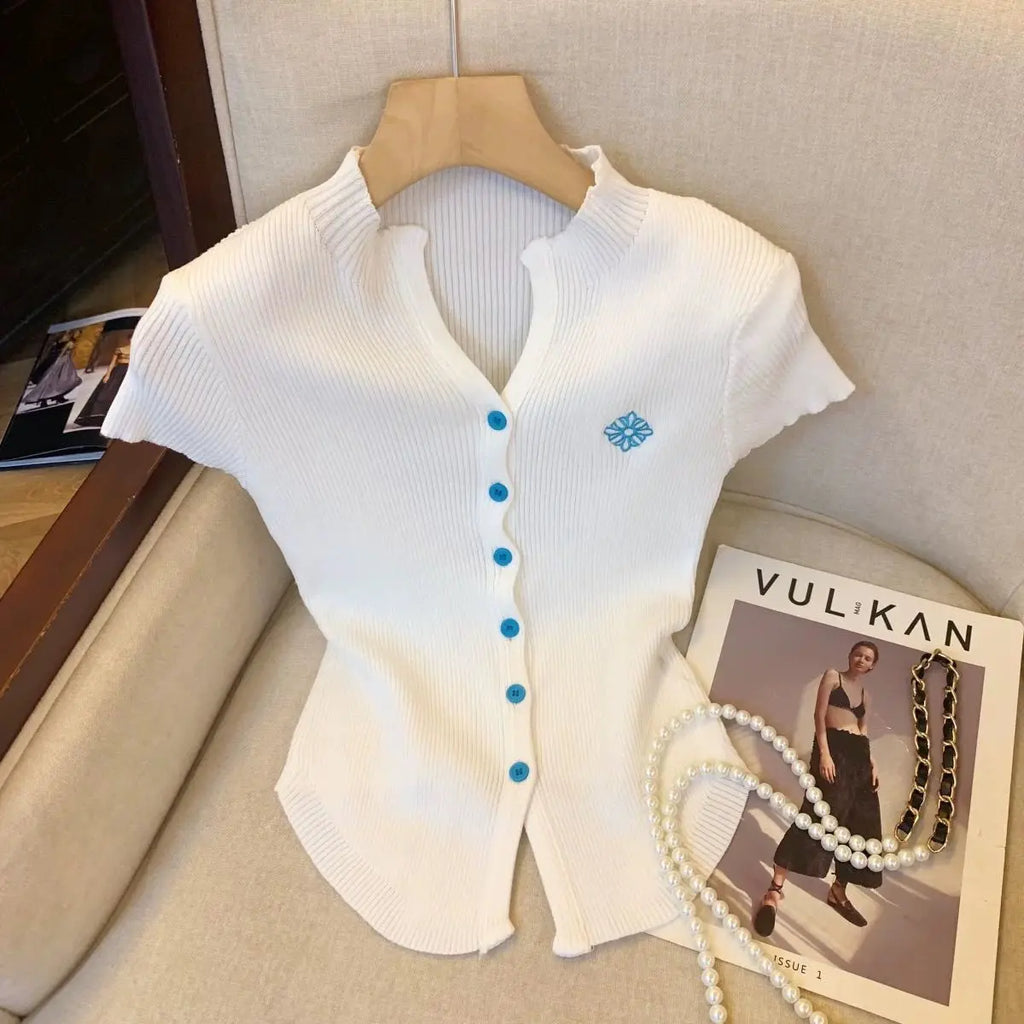 Luxe Knit Cropped Blouse V Neck Cardigan Slim Fit Top