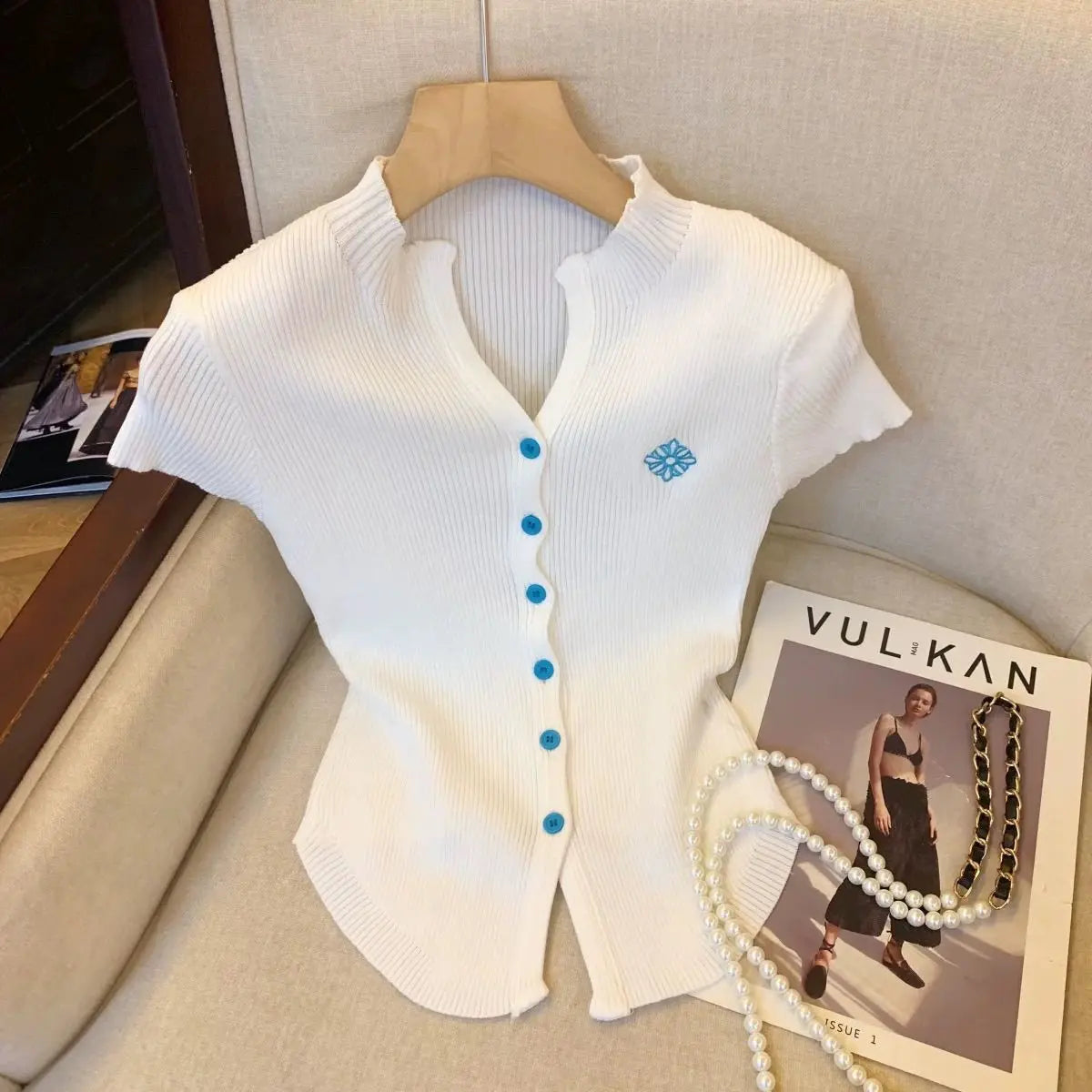 Luxe Knit Cropped Blouse V Neck Cardigan Slim Fit Top