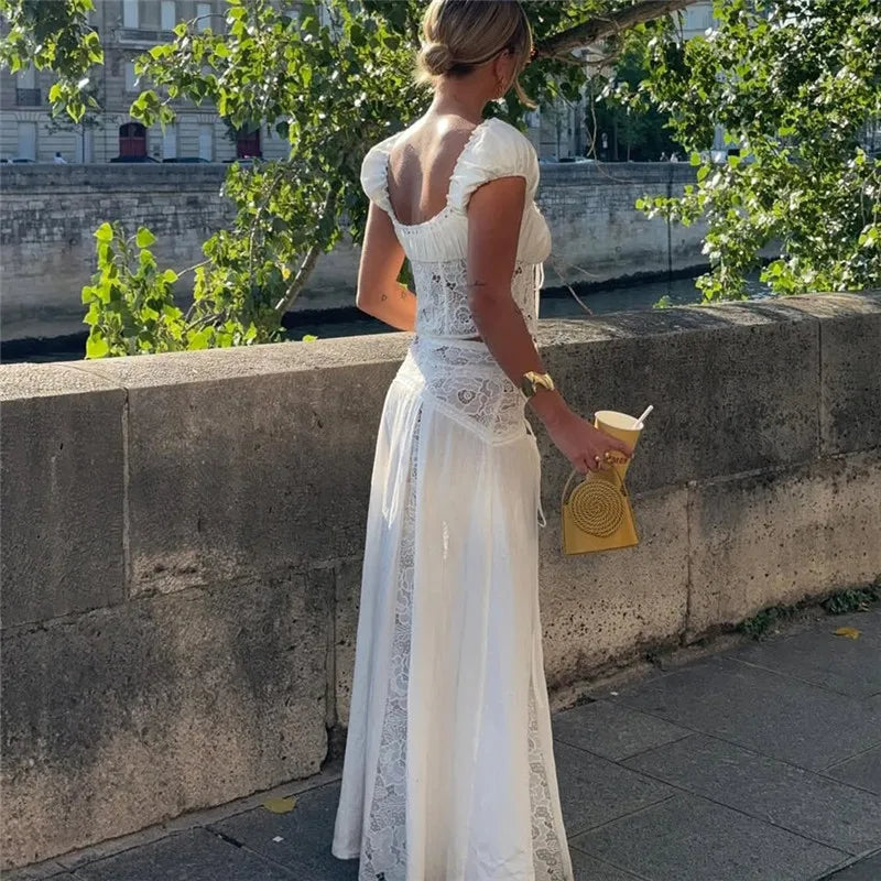 Women Two Piece Set White Lace Patchwork Off Shoulder Short Sleeve Crop Top With Long Skirt