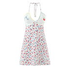 Women Fashion Sweet Floral Print Chic Halter Neck Cami Mini Y2K Embroidery Backless Dress