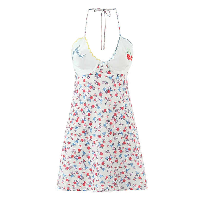 Women Fashion Sweet Floral Print Chic Halter Neck Cami Mini Y2K Embroidery Backless Dress