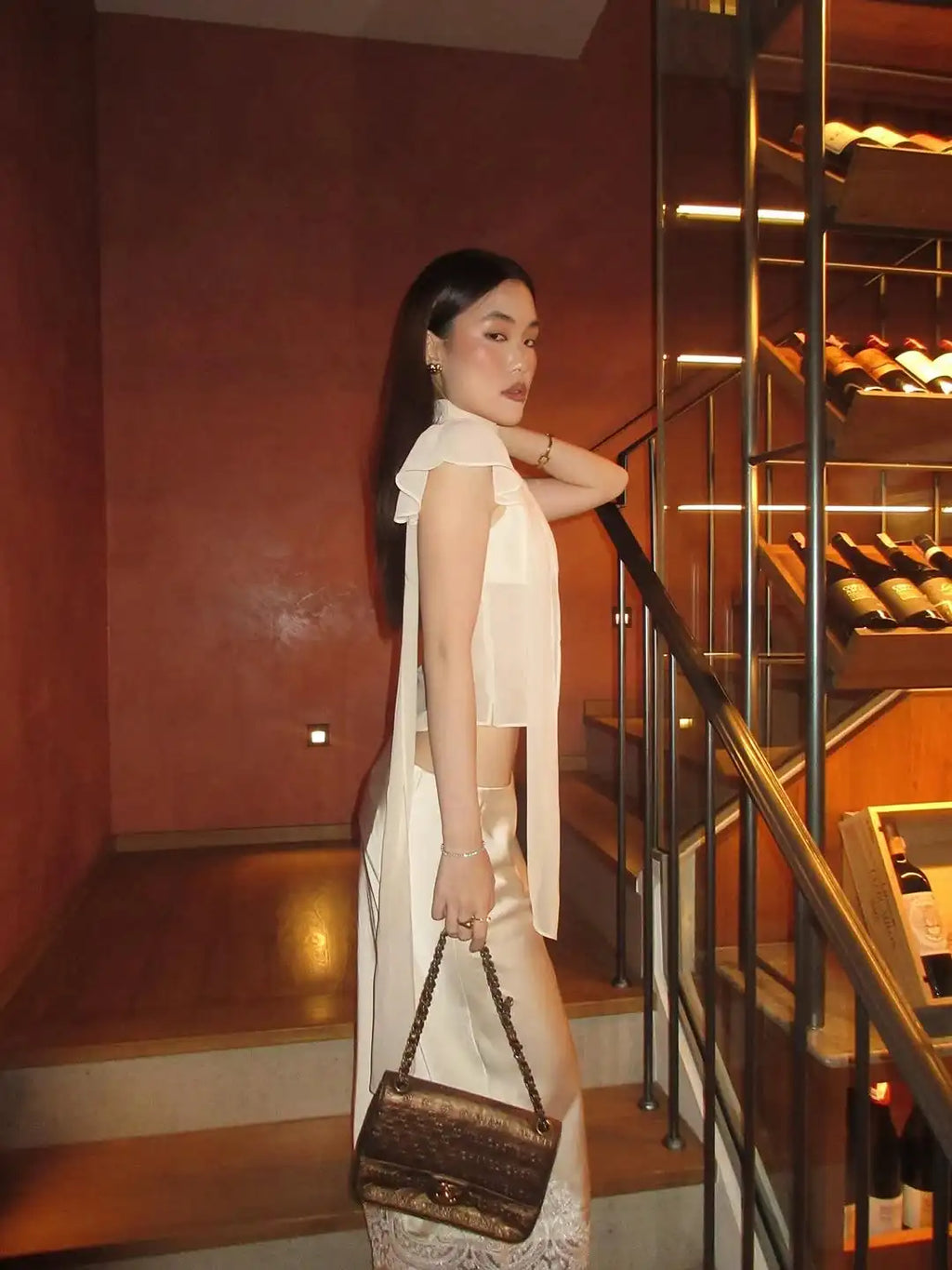 Sheer French-Style Chiffon Shirt with Ribbon Stand Collar Hollow-Out Front Placket Buttoned Waist-Cinching Short Top with Small Flutter Sleeves