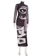 Printed Maxi Dress With Turtleneck And Long Sleeves Slim Fit