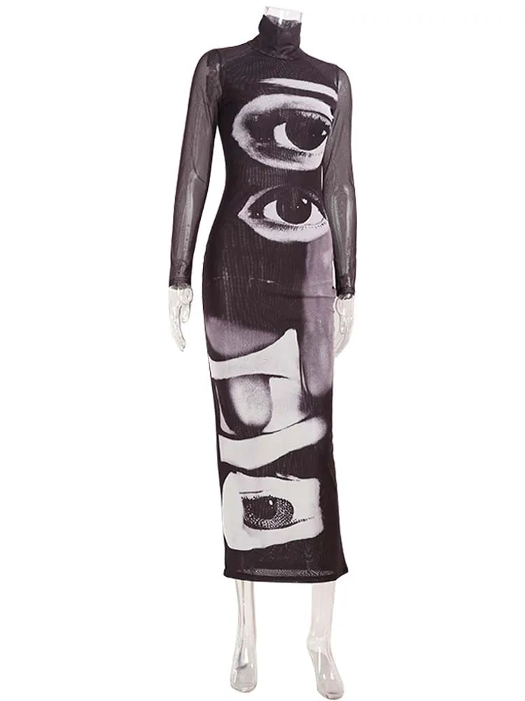 Printed Maxi Dress With Turtleneck And Long Sleeves Slim Fit