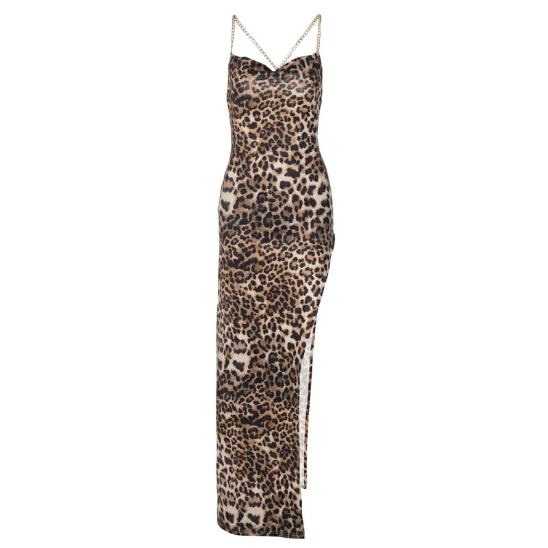 Leopard Print Sleeveless Backless Slit Dress With High Waist Camisole Straps
