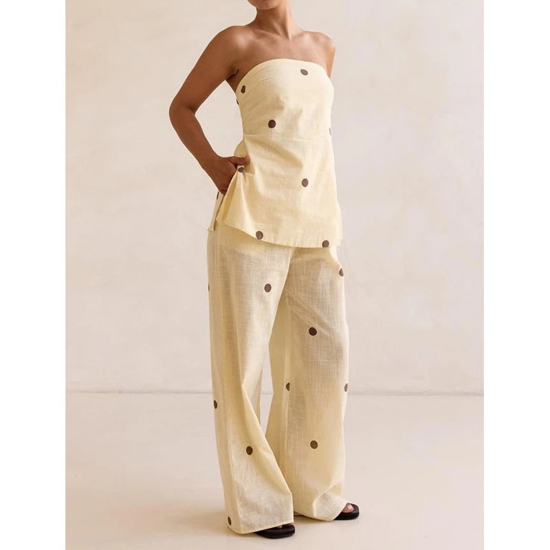 Polka Dot Print Outfits Set Smocked Backless Strapless Tube Tops+Elastic High Waist Wide Leg Pants