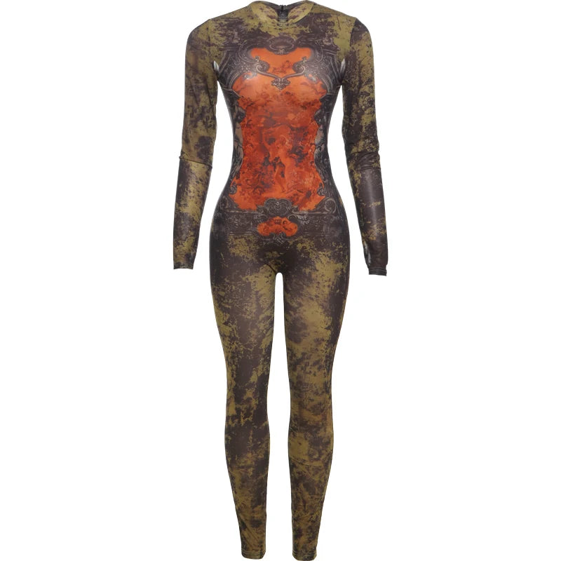 Tie Dye Jumpsuit With O Neck Zip Front Slim Streetwear Overalls